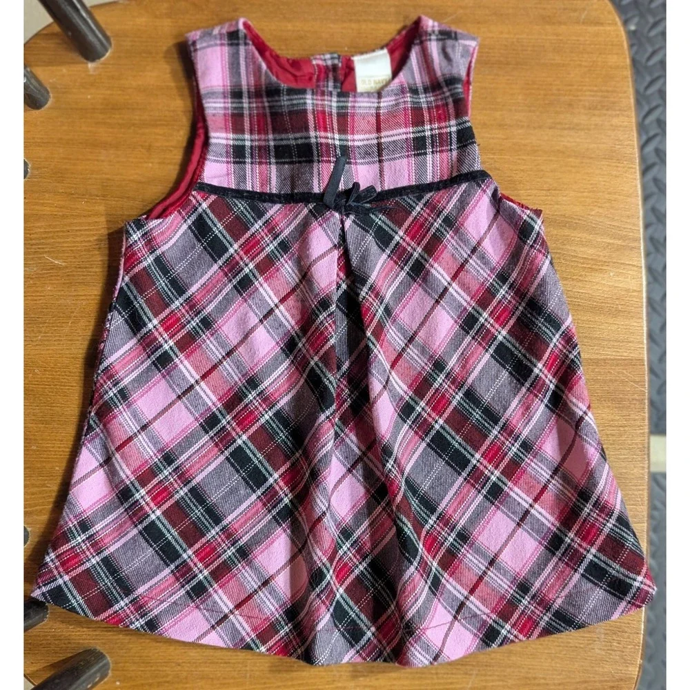 Old Navy 3-6 Month Girl Y2K Pleated Pink Plaid Dress Button Up Back